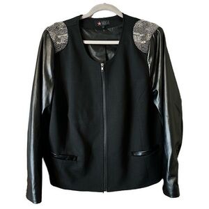 MXM Women’s Black Vegan Zip Up Silver Beaded Shoulders Jacket Sz 22 MJ